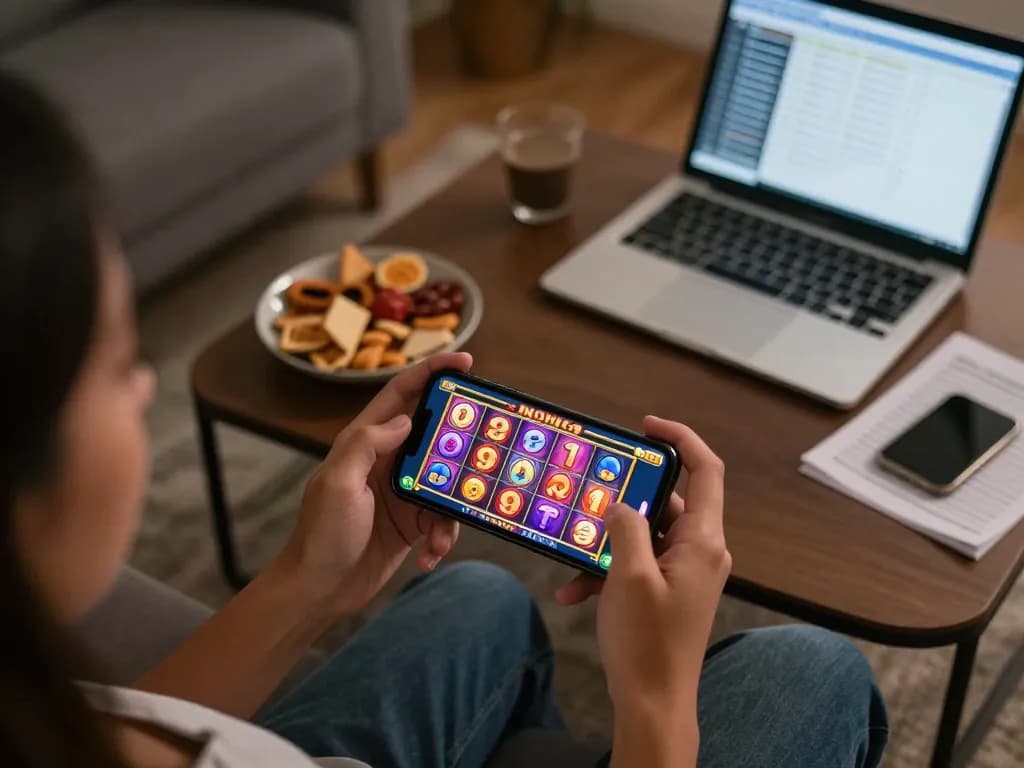 Nohu slot game action displayed on a smartphone while enjoying gaming snacks at home.