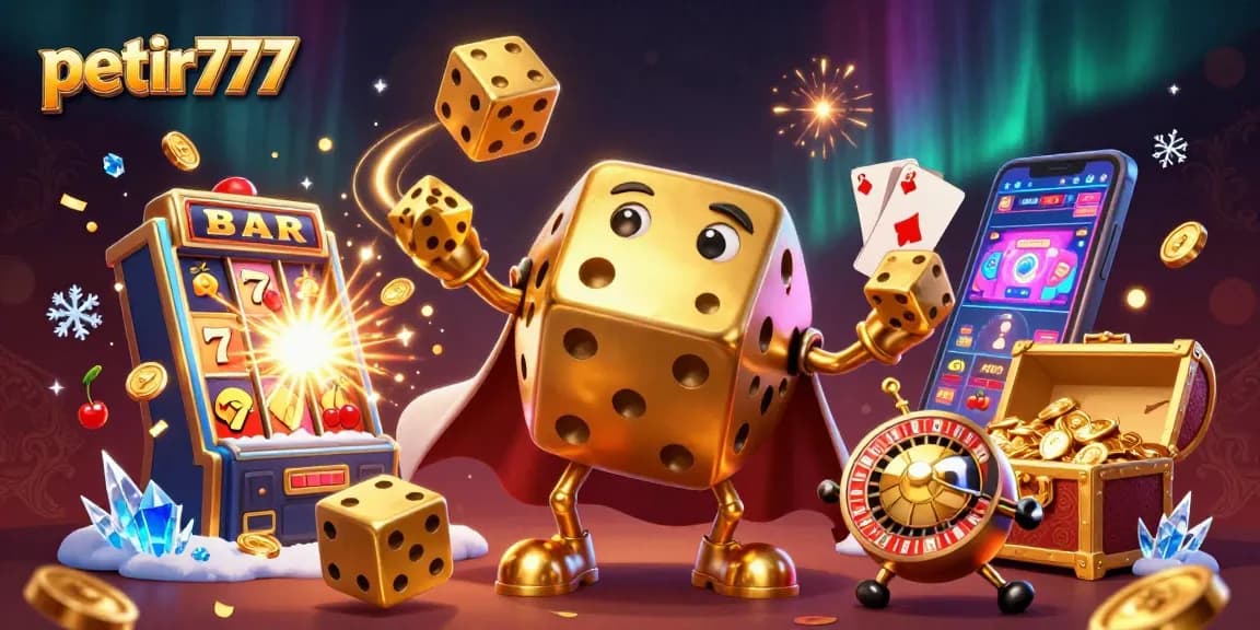 Experience the thrill of winning with petir777 in this vibrant casino illustration showcasing golden dice and jackpot symbols.