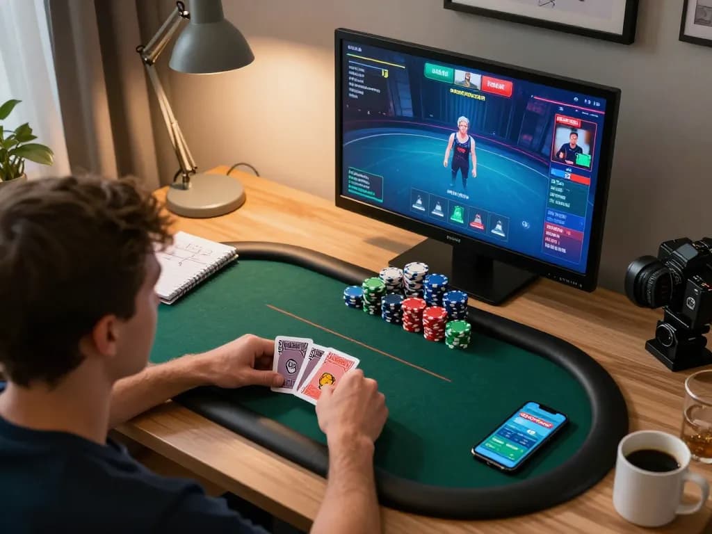 Engaging poker gameplay highlighting BERLIAN889 Alternatif with a focused player at home.