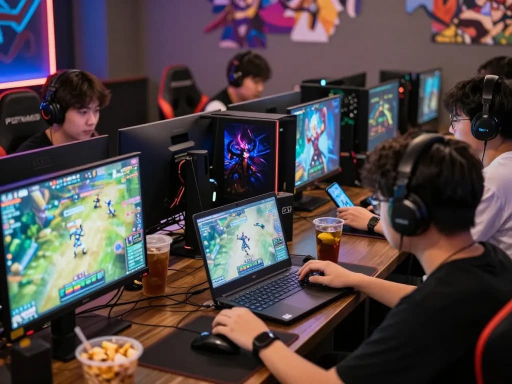 Players enjoying intense action on VENOM889 Datfar RPG in a vibrant gaming cafe, focused expressions.