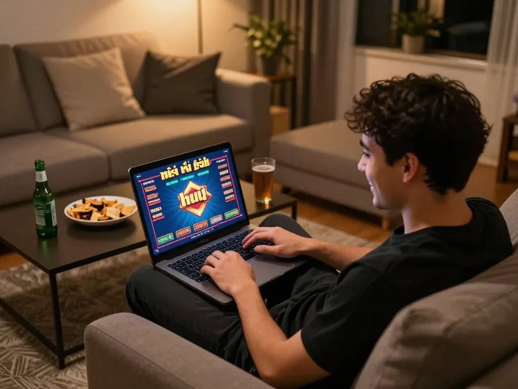 Player engaging in nổ hũ đổi thưởng online gaming on a laptop in a cozy home environment