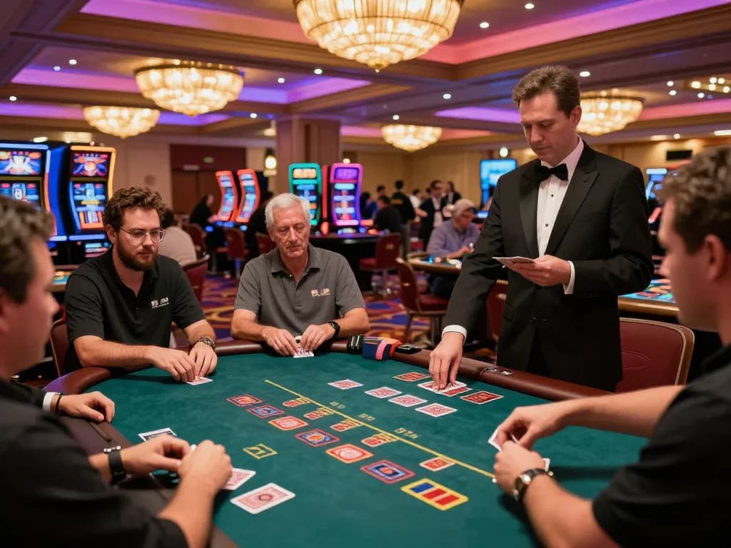 Players enjoying a strategic game of blackjack at an upscale Vegas casino featuring Q88 table dynamics