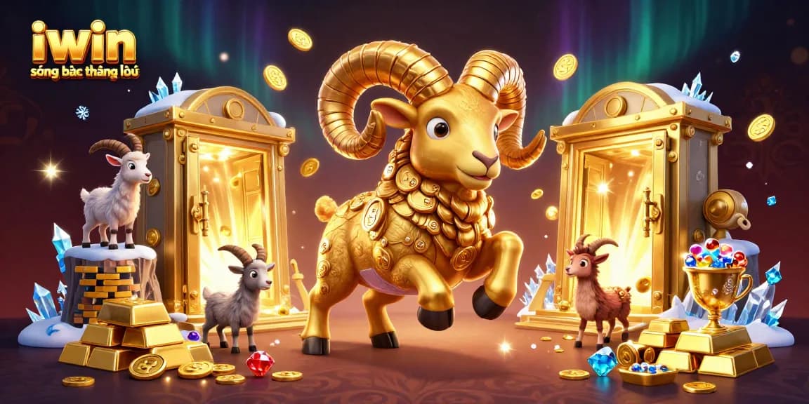 Experience the thrill of iwin sòng bạc thượng lưu with a cartoon illustration of gold-filled gates and vivid elements.