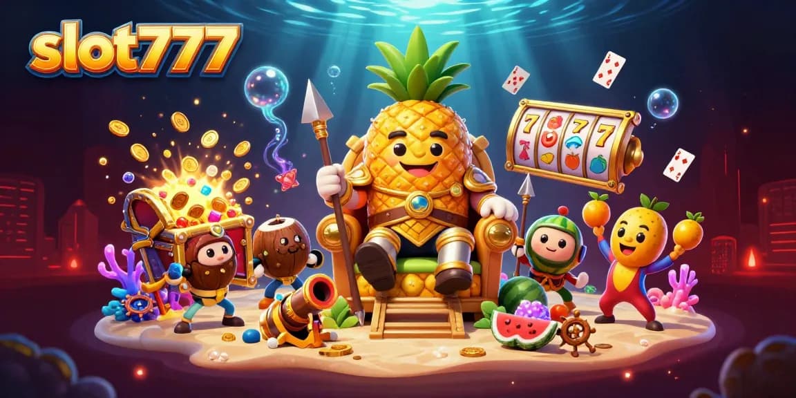 Slot777 showcases vibrant casino elements with a golden pineapple king and slot reels bursting with treasures.