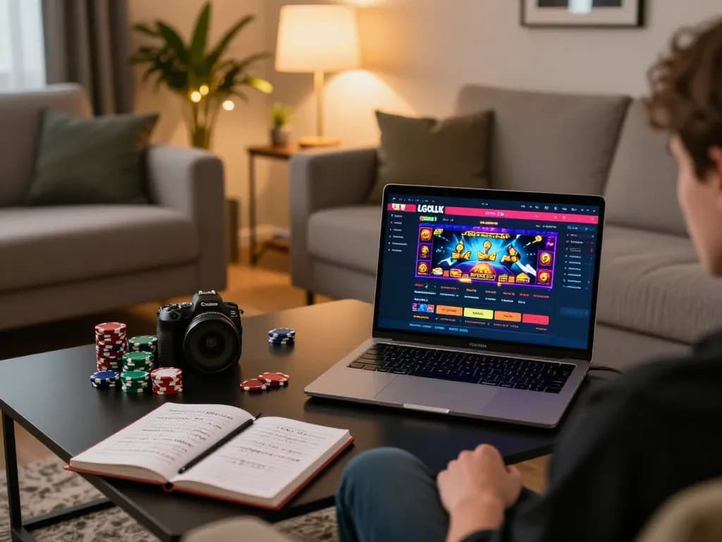 Engaging in a strategic online casino game experience with LGOLUX on laptop from a cozy home setting.