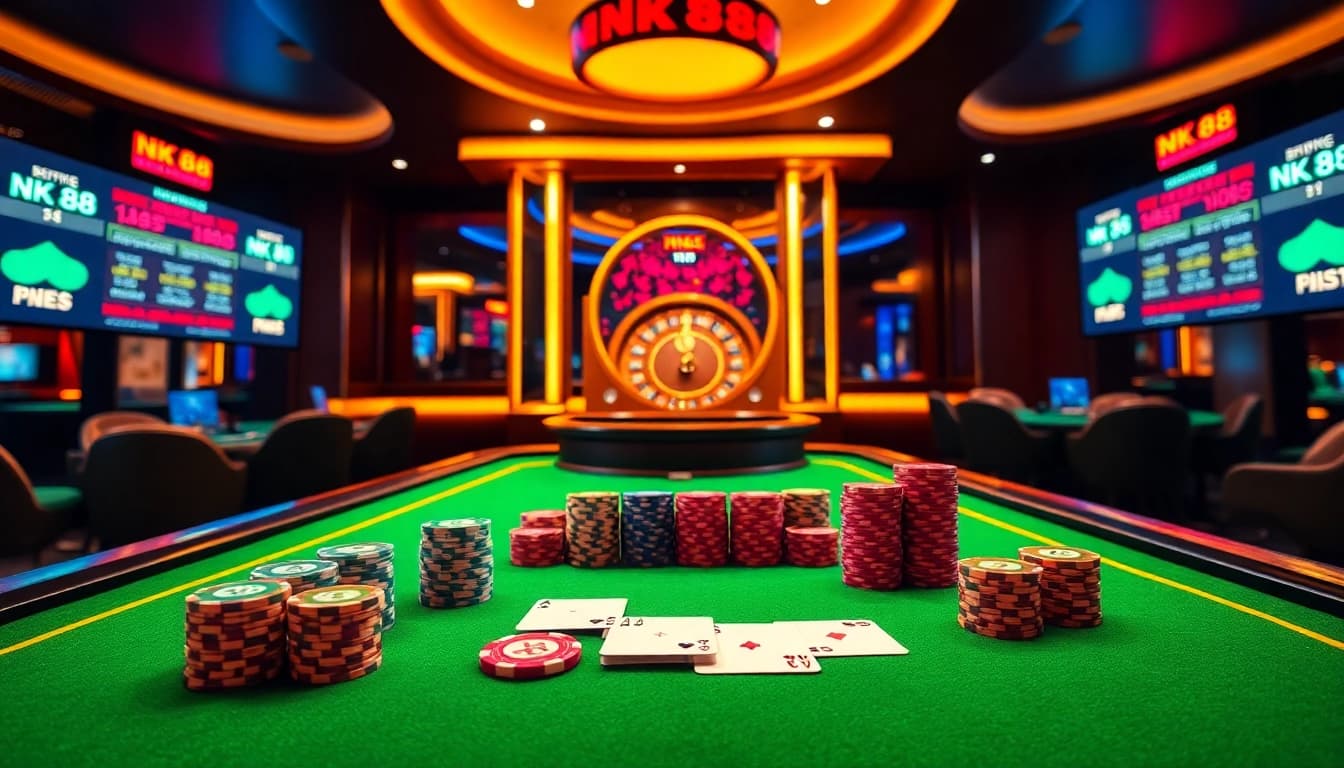Player engaging with NK 88 poker chips and cards at a luxury casino table focusing on strategic betting