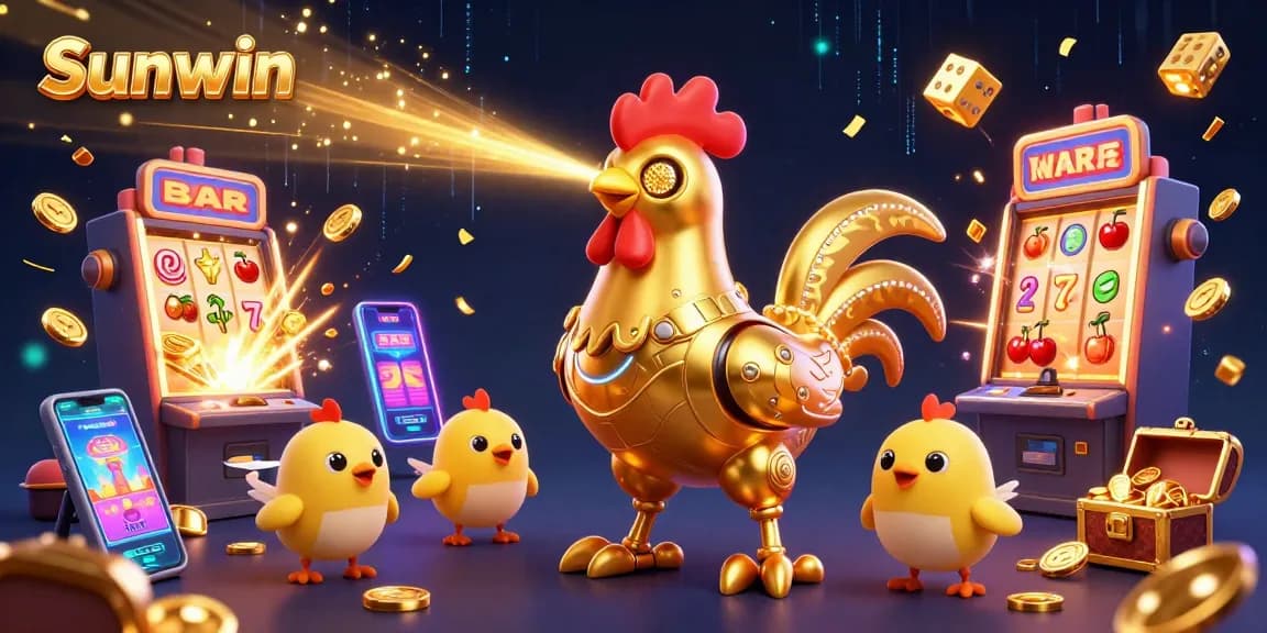 Engage with Sunwin's thrilling 3D casino scene featuring a golden rooster robot amidst jackpots and colorful game lobbies.