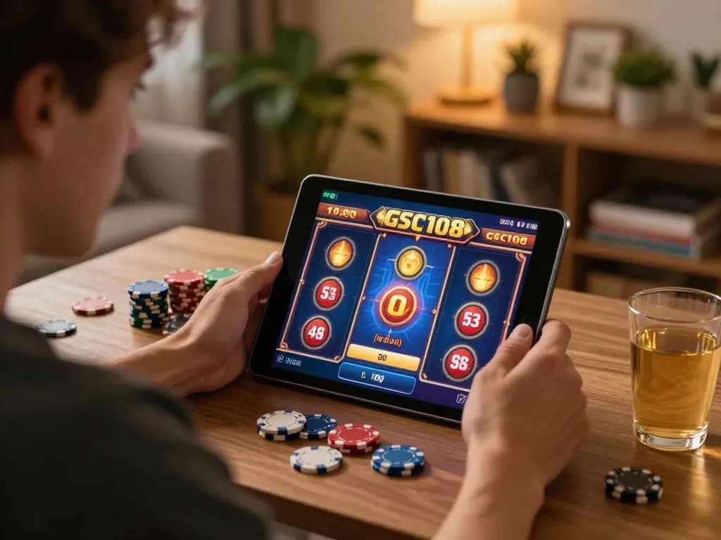 Pemain yang terlibat dalam permainan slot online Gsc108 di tablet, suasana rumah yang nyaman dengan keripik dan minuman.