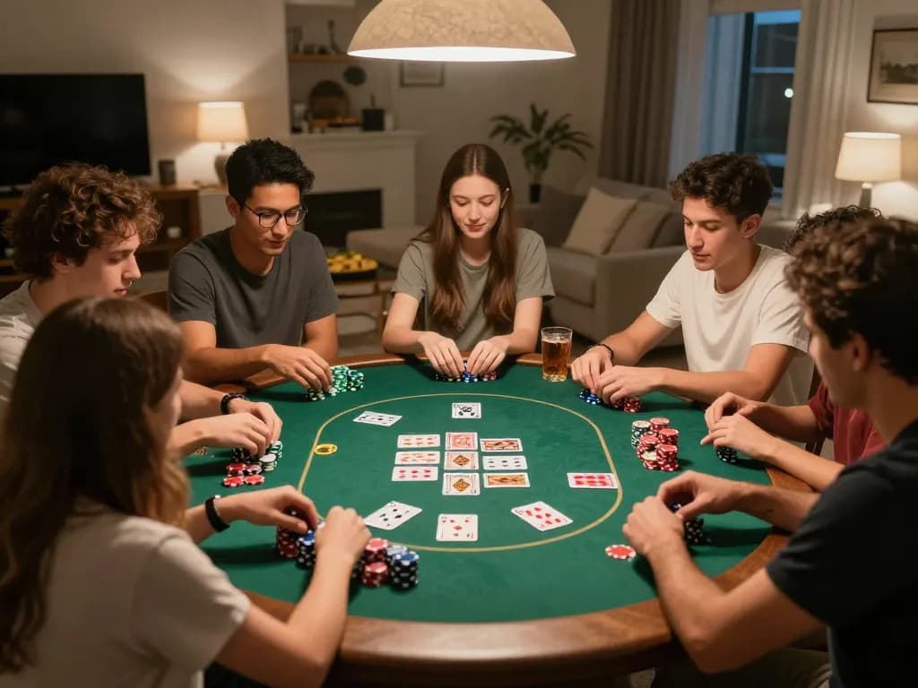 Friends enjoy an exciting poker game night at home, showcasing the vibrant gaming spirit of sc88e.