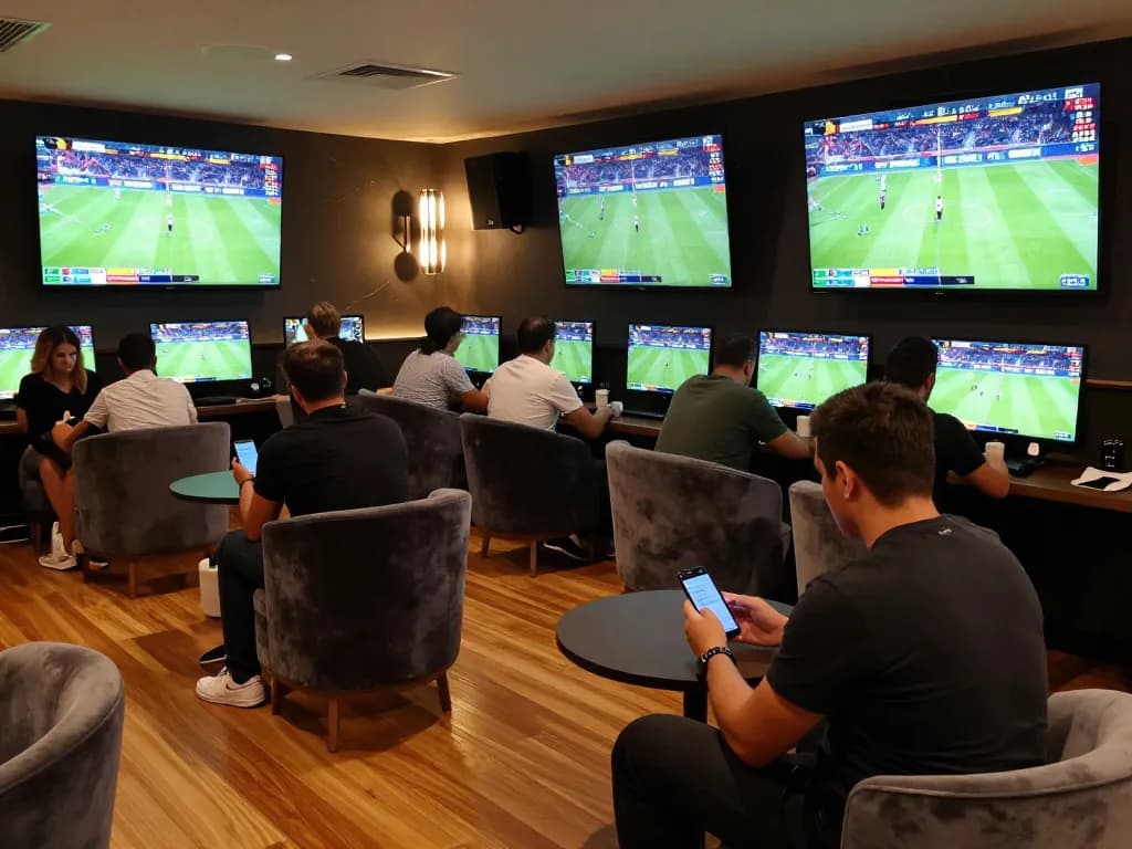 Players enjoying a sports betting moment at 11win, focused on screens and apps in lively lounge