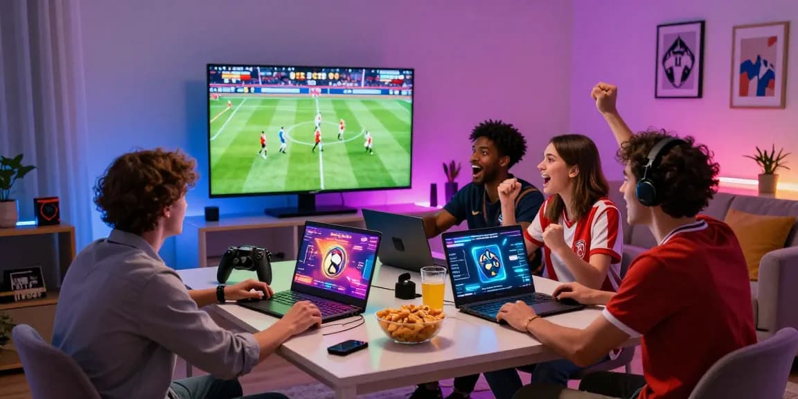 Exciting gaming scene with friends predicting match outcomes while enjoying a football match in a lively atmosphere, perfect for capturing the thrill of Prediksi Bola Malam Ini.
