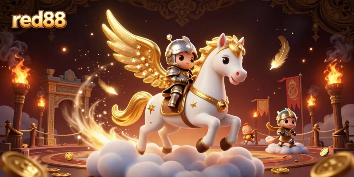 Engage with the red88 fantasy casino scene, featuring celestial horse and gold coins amidst a vibrant backdrop.