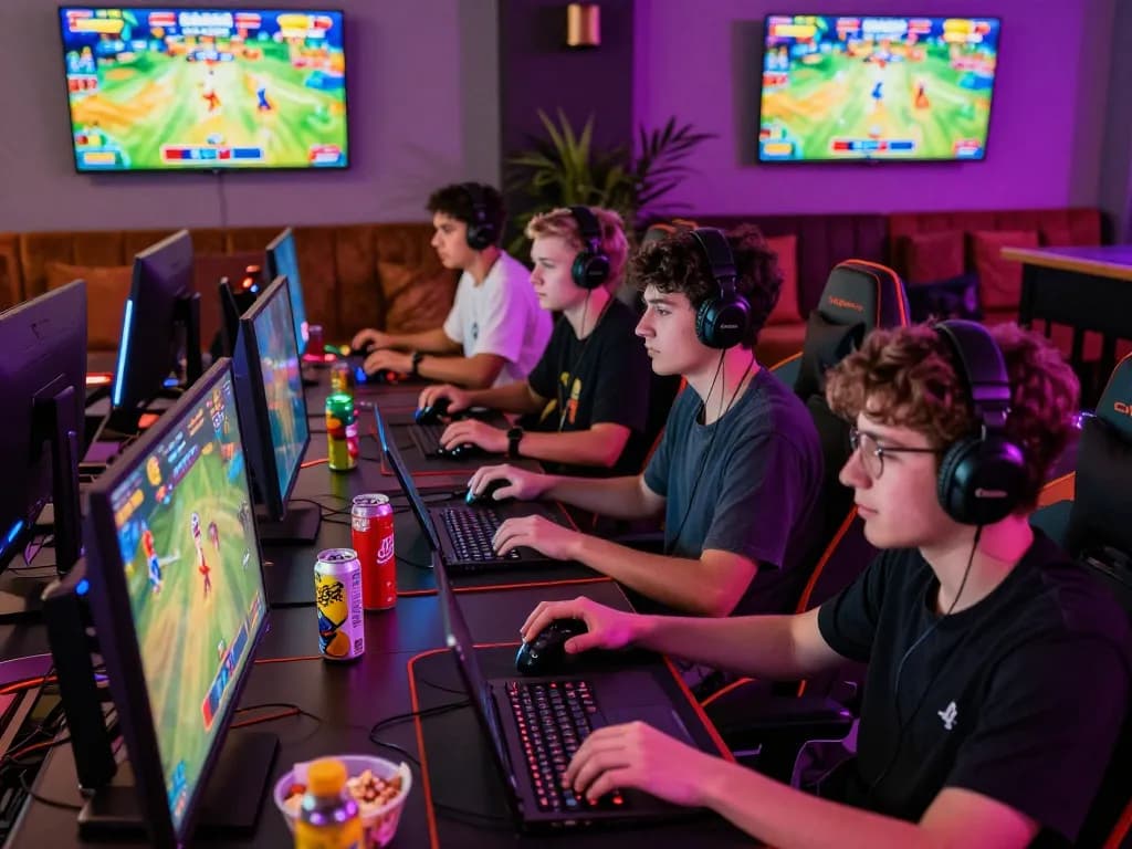 Engaging scene of Gen Z players immersed in NK88 online gaming experience with vibrant atmosphere.