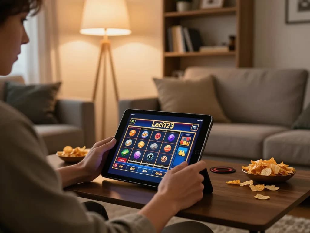 Pengaturan permainan online Leci123 yang menampilkan gameplay slot yang menarik di ruang tamu yang nyaman.