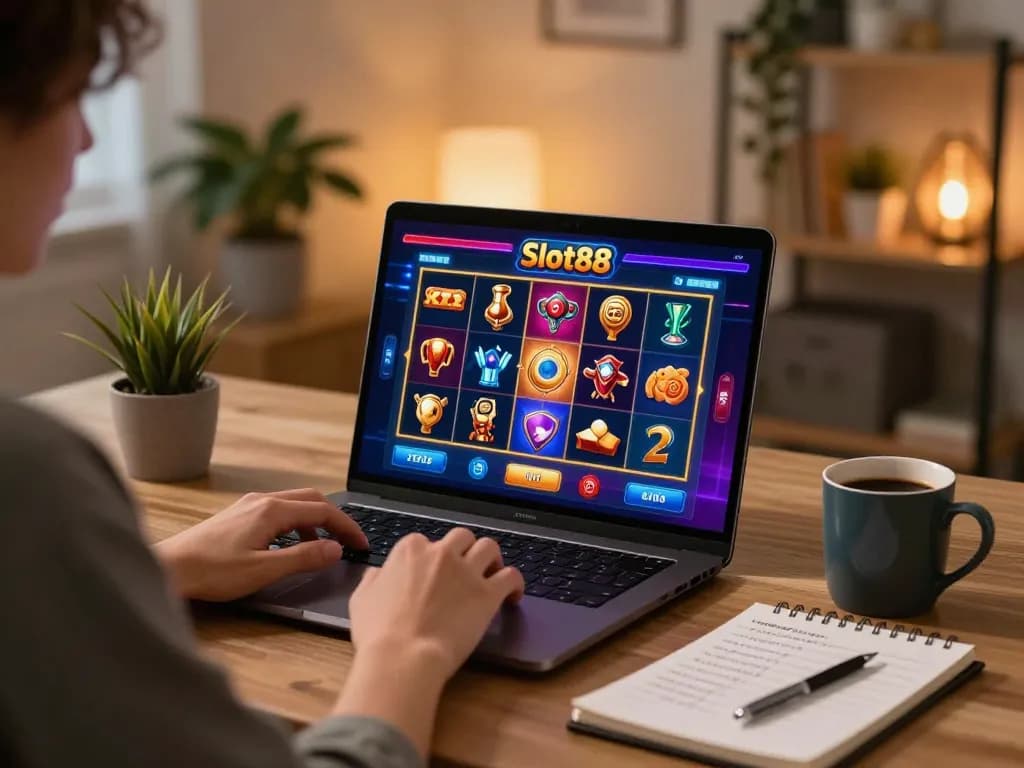 Engaging with Slot88 online interface during a cozy home gaming session with strategy notes