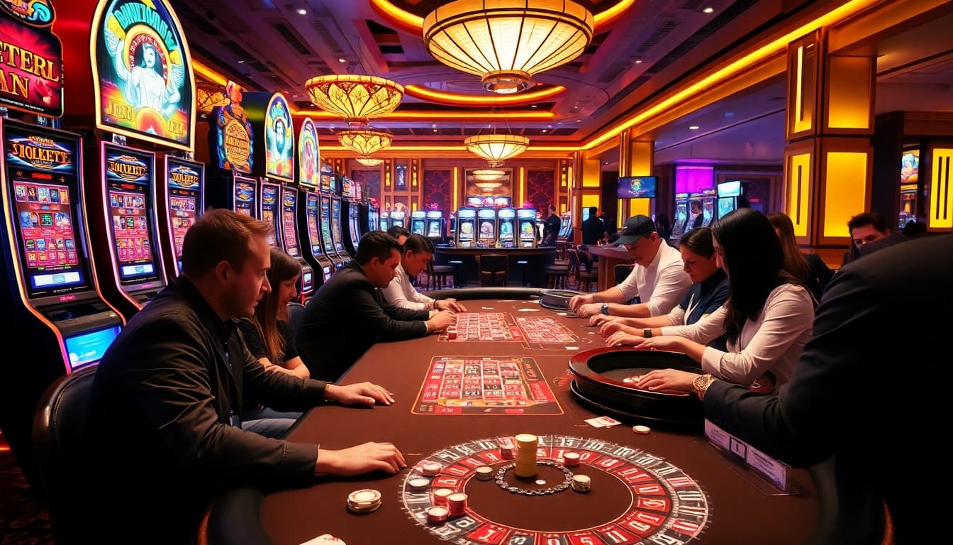 Nohudoithuong creates an exciting casino atmosphere with players enjoying vibrant slot machines and lively poker tables.