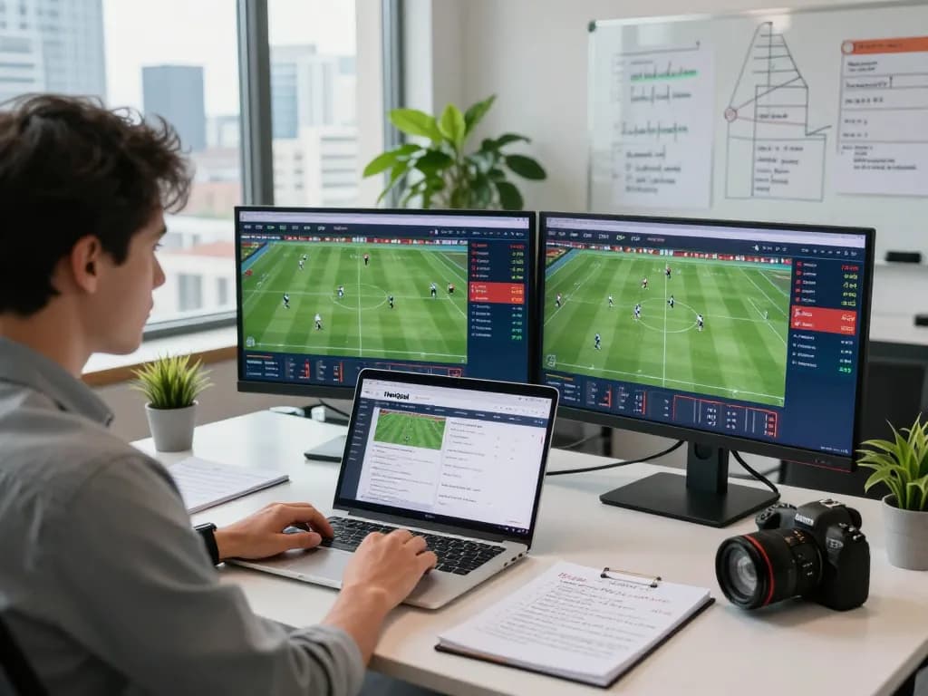 Live sports analysis scene illustrating a sports analyst engaging with Nowgoal's real-time football scores and match statistics in a modern office.
