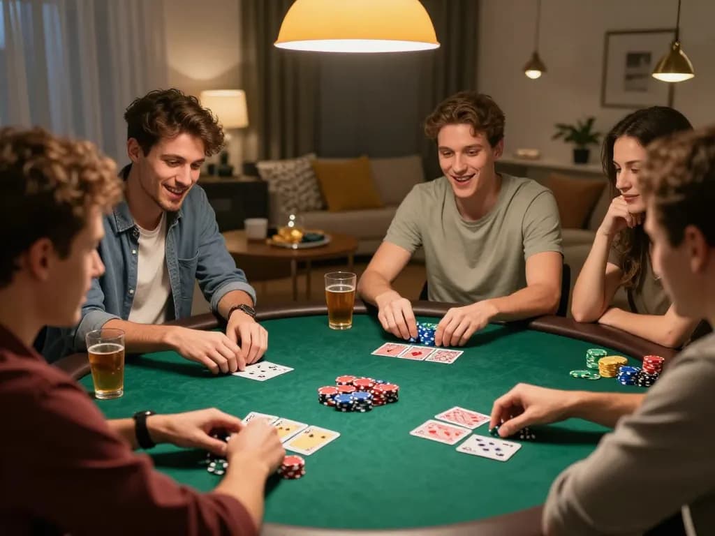 MPO08 players enjoying a lively home poker game with cards and chips on a vibrant table.
