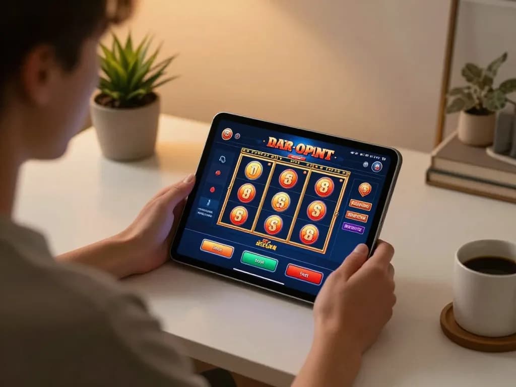 Engaging online gaming moment showing a player in a modern setting with 98win casino app on tablet.