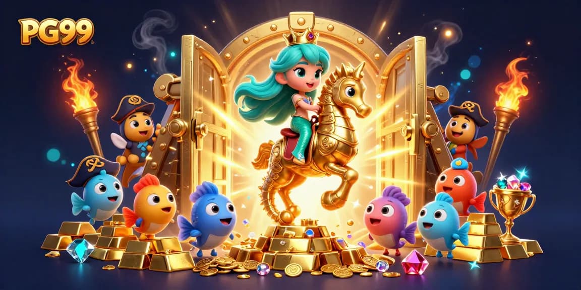 Experience the excitement of PG99 with colorful characters in a vibrant casino scene, stacked with treasures and gems.