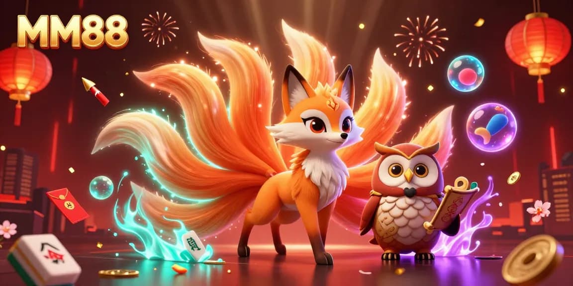 Engage with MM88's vibrant online casino world, illuminated by a nine-tailed fox and magical elements.