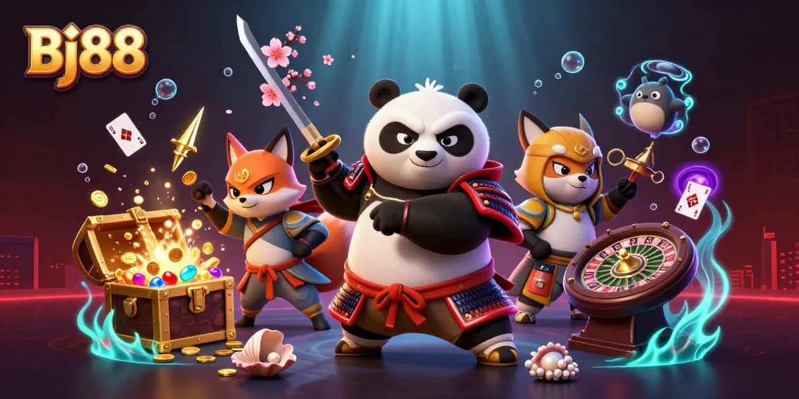 Experience dynamic gaming at Bj88 with cartoon characters and vibrant casino elements.