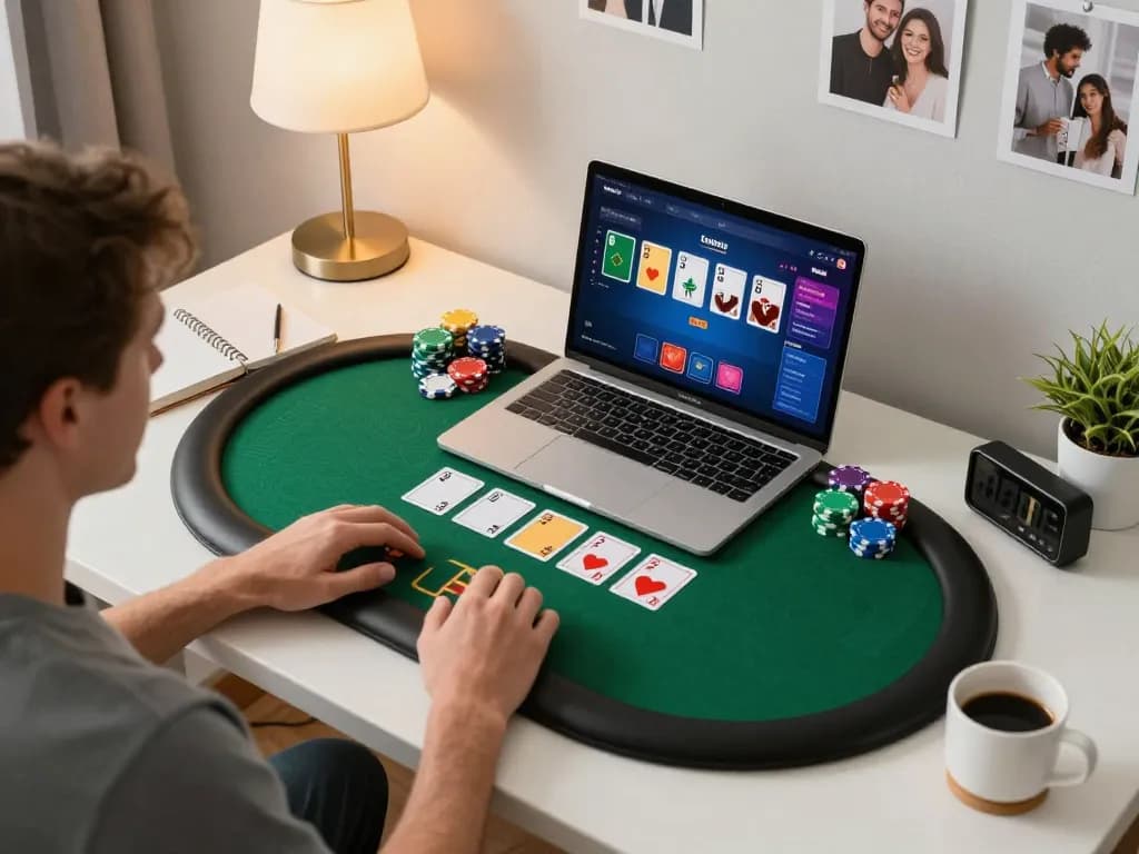 MPOID player strategizing online poker at home with chips and cards in a cozy environment
