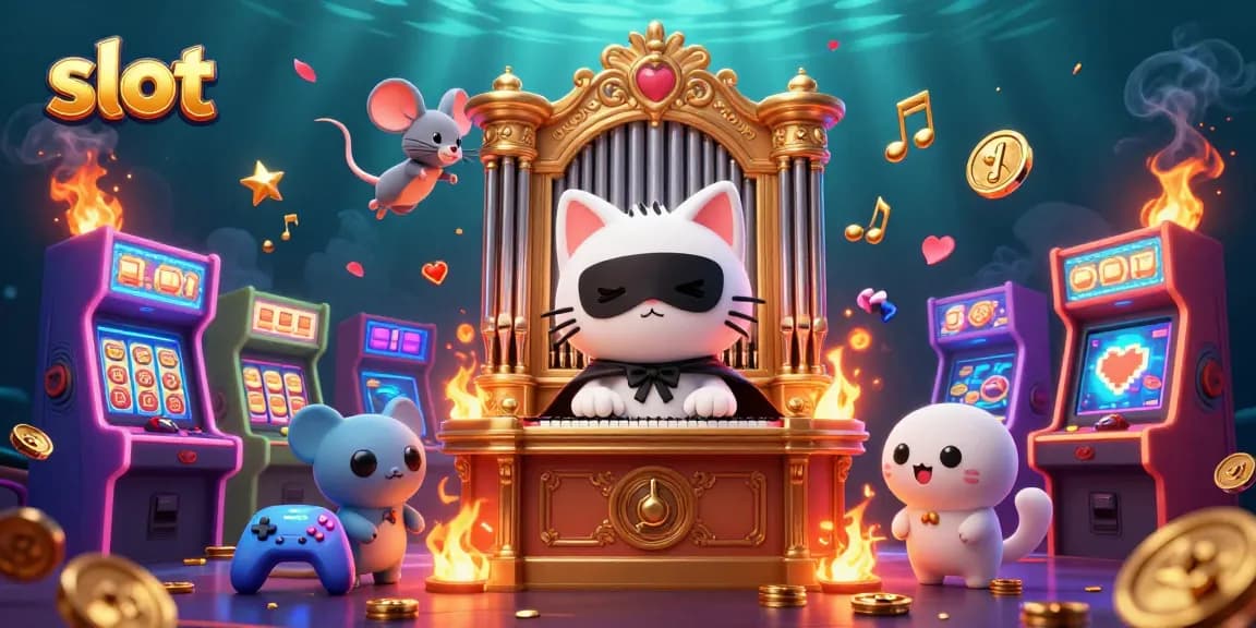 Spin the slot reels with excitement alongside a whimsical casino scene featuring vibrant characters.