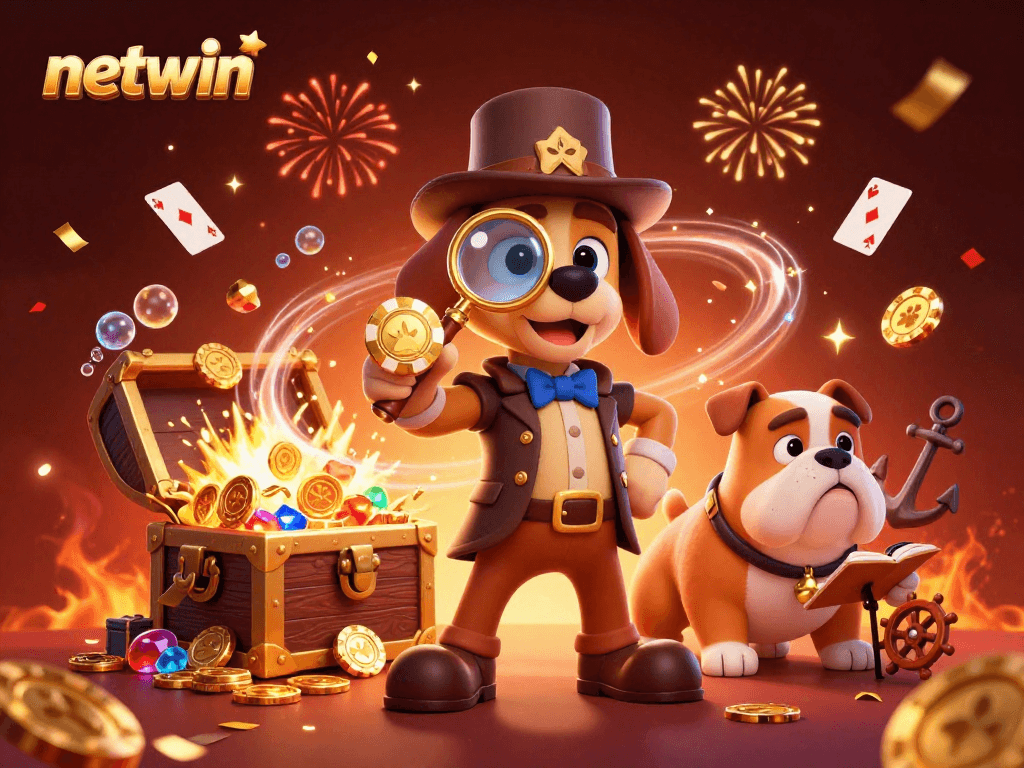 Engaging scene of netwin's detective duo uncovering treasure with dynamic casino elements.
