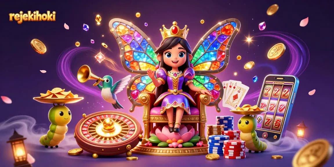 Rejekihoki showcases a vibrant 3D casino scene with a butterfly queen and exciting game elements.
