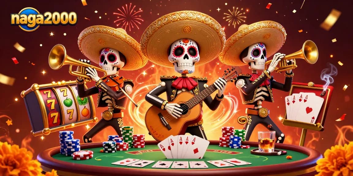 Mainkan slot gacor di NAGA2000 dengan gambar skeleton mariachi dan suasana kasino yang meriah.