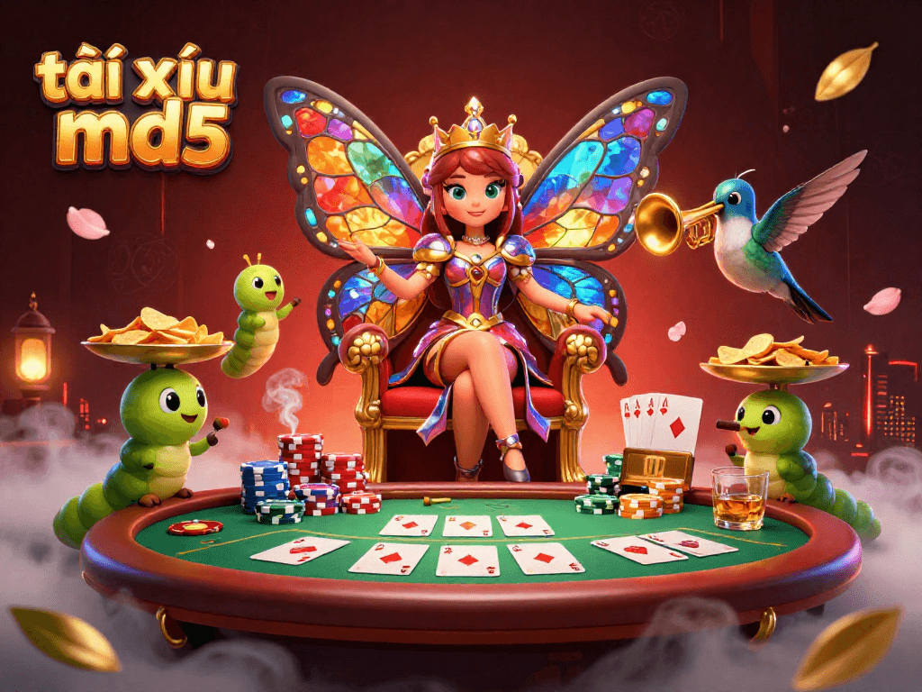 Engage in tài xỉu md5 with vibrant characters and dynamic casino elements packed in illustration.