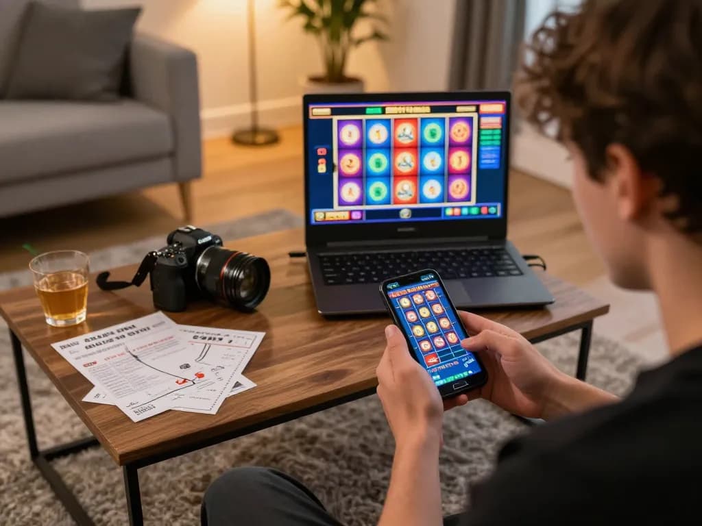 Engaging player enjoying the 789p mobile casino app, showcasing dynamic gameplay in a cozy environment