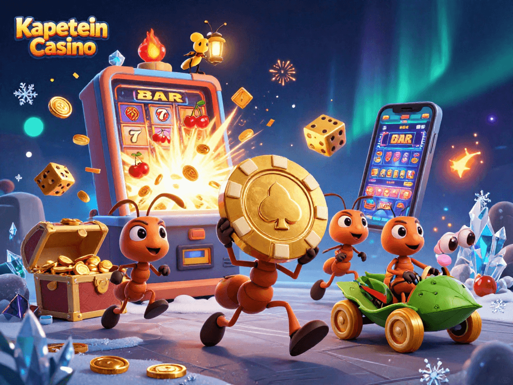 Tim semut Kapitein Casino melaksanakan aksi pencurian poker chip emas besar sambil dikelilingi mesin slot dan berbagai elemen kasino.