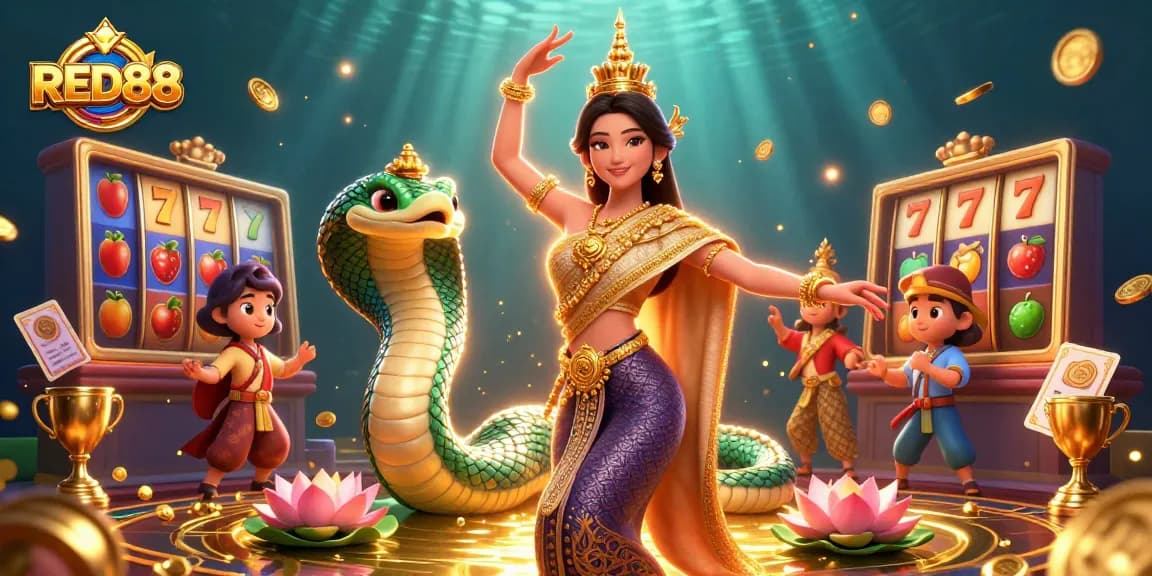 Experience the thrill of RED88 with vibrant slots and dynamic characters in a captivating casino scene.