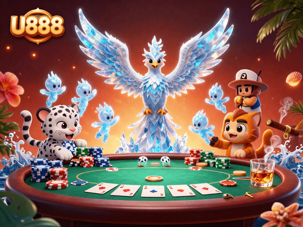 Experience thrilling poker action with U888's vibrant ice phoenix and poker elements.