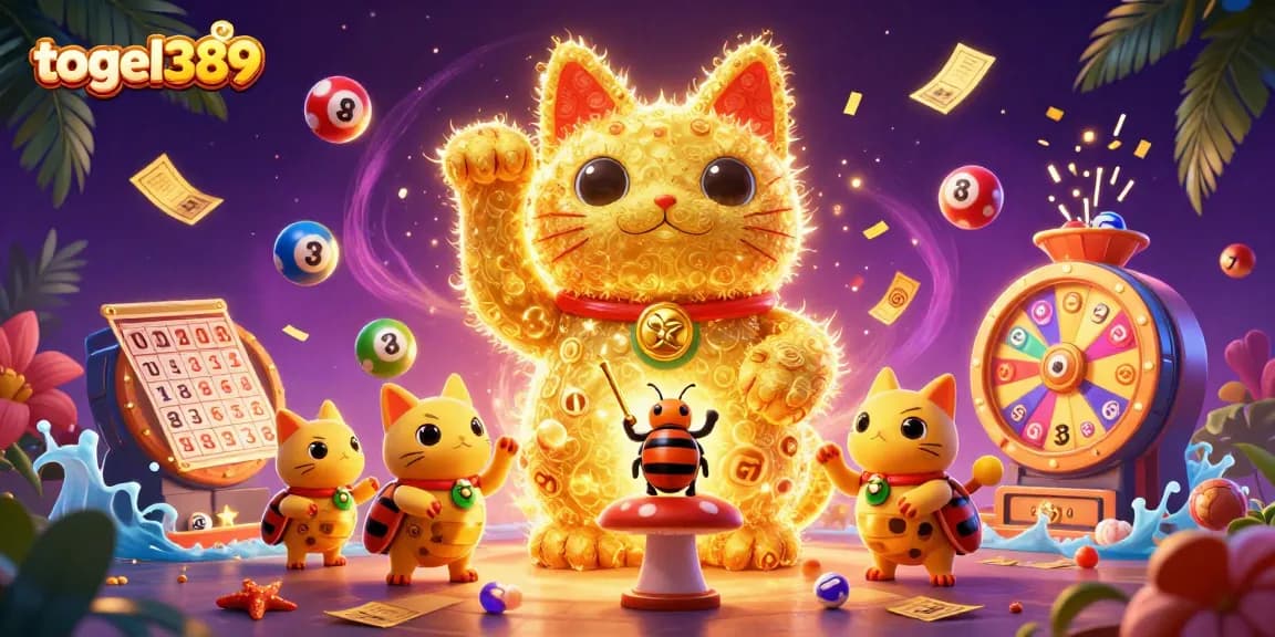 Experience the excitement of togel389 with a dynamic scene of a lucky cat and vibrant lottery elements.