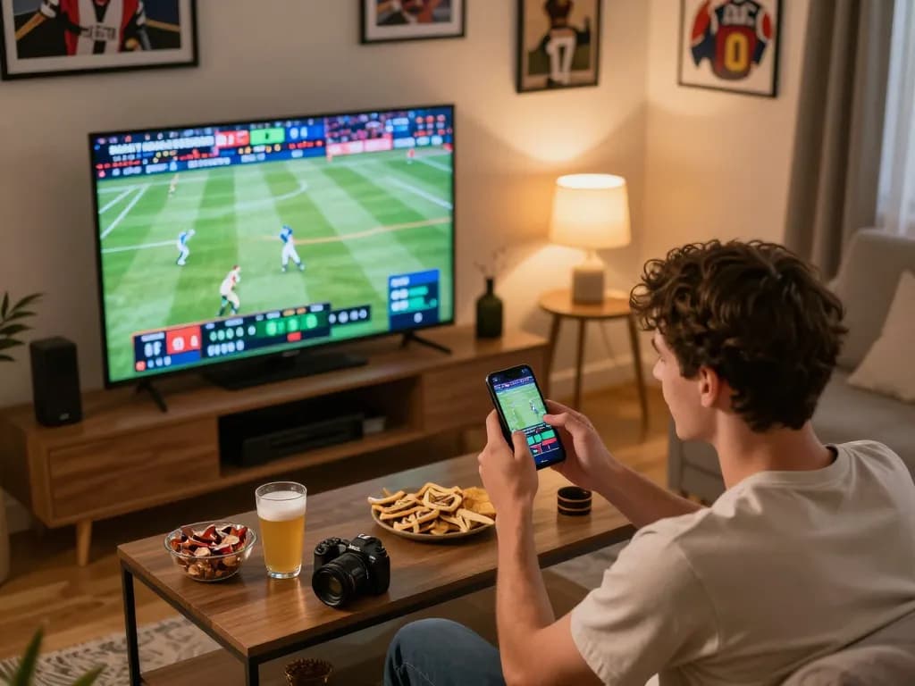 O8 sports betting action displayed on a smartphone in a vibrant home environment with snacks and decor.