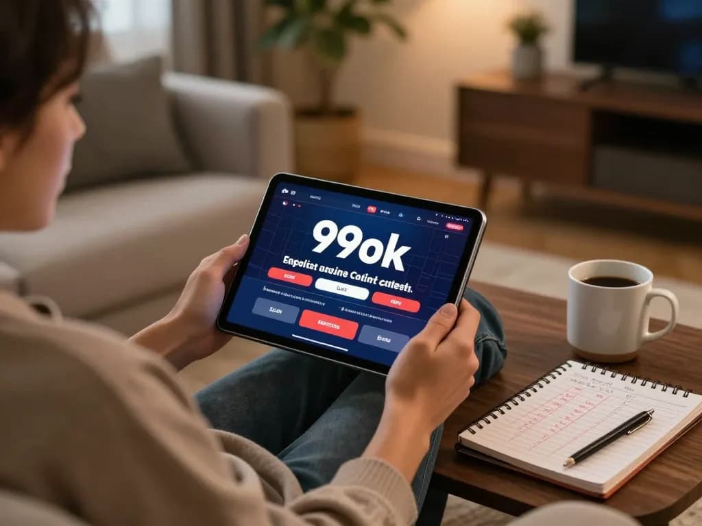 Busy player enjoying 99ok online gaming on tablet with strategies noted nearby