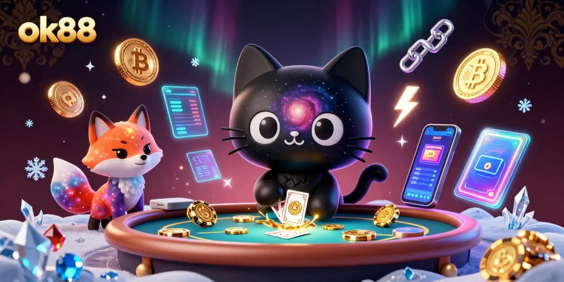 Engage in cosmic gaming with ok88, featuring a black hole cat and crypto elements in a vibrant casino.