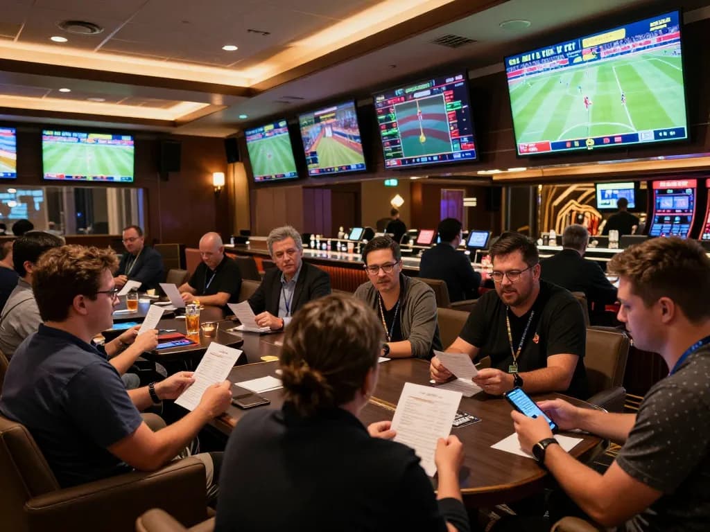 HM88 bettors analyzing strategies in a high-end sports betting lounge.