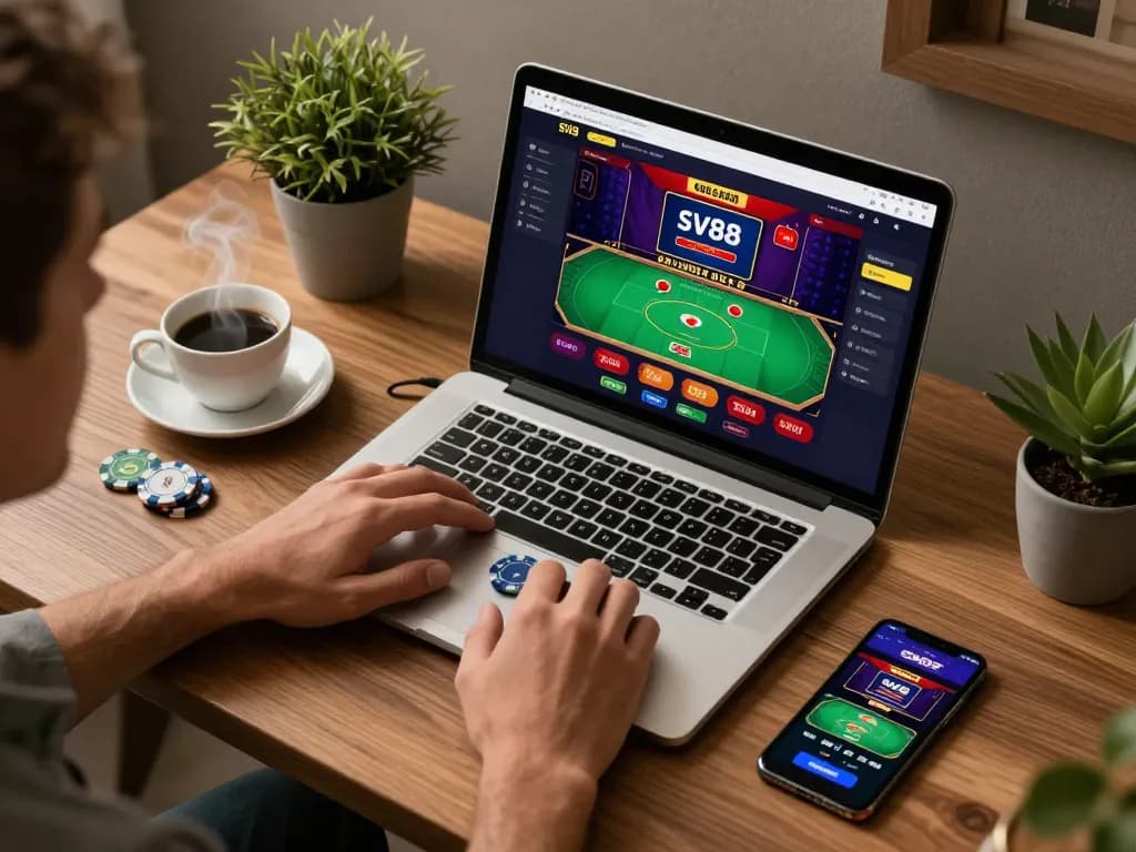 Engaged player using the SV88 online casino platform for strategic gameplay at home.