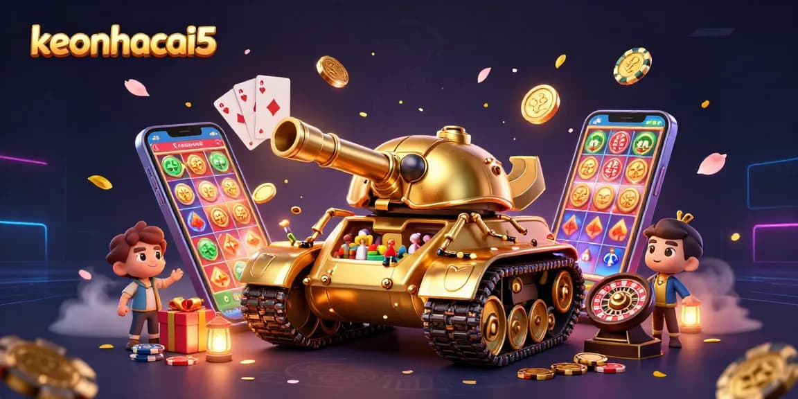 Experience the excitement of keonhacai5 in a vibrant 3D casino scene filled with golden coins and games.