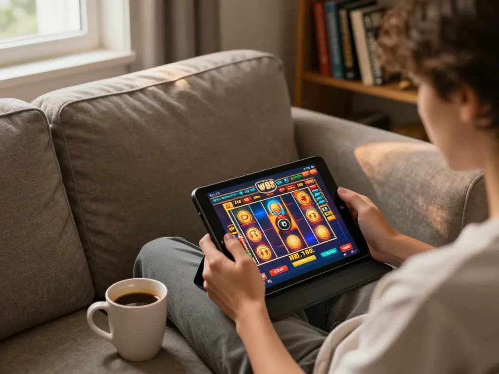 w188 gaming setup showcasing a player enjoying vibrant online casino games on a tablet in a cozy home environment.