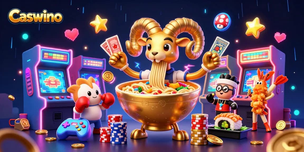 Engaging Caswino gameplay featuring a vibrant 3D ramen bowl character dealing cards and chips.