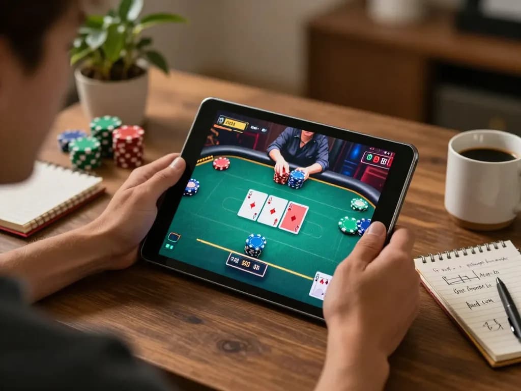 Engaging in game bài on a tablet during online poker, showcasing cozy home comfort.