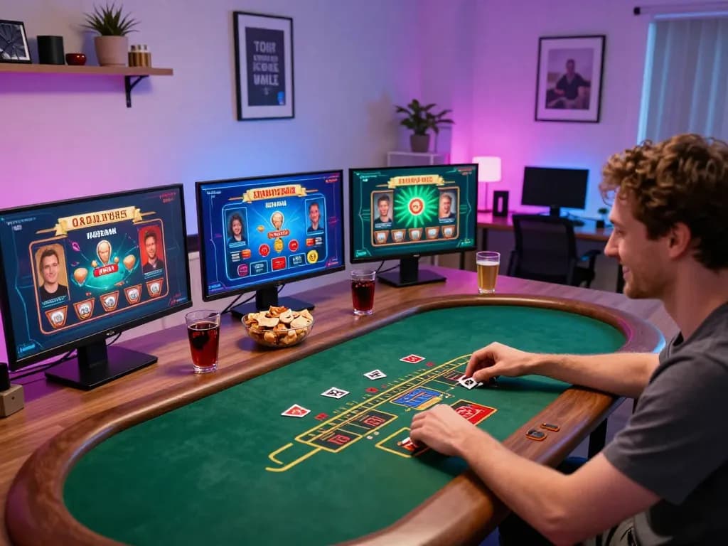 KJC gambler enjoying live blackjack on multiple screens, enhancing online gaming experience with strategic moves.