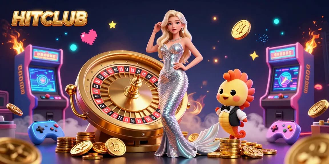 Engage with HITCLUB's thrilling casino experience at a dazzling roulette wheel with fun gaming elements.