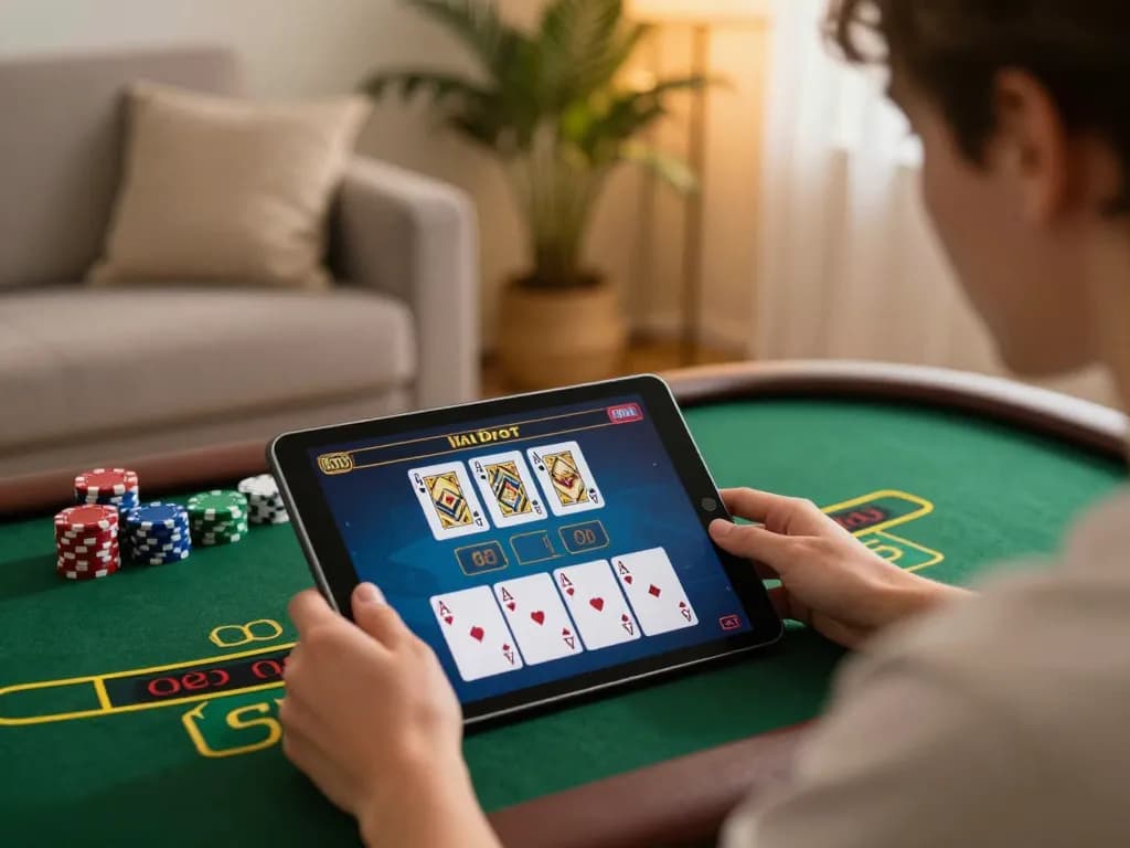 Engaged player enjoying KP88 live blackjack on tablet in cozy home setting