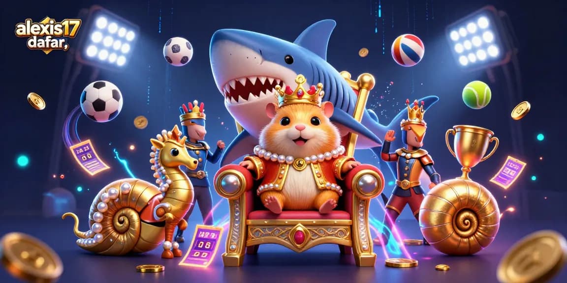 Ilustrasi kasino 3D yang penuh warna dengan gambar "alexis17 daftar", raja hamster emas dan pengawalnya, dikelilingi bola olahraga.